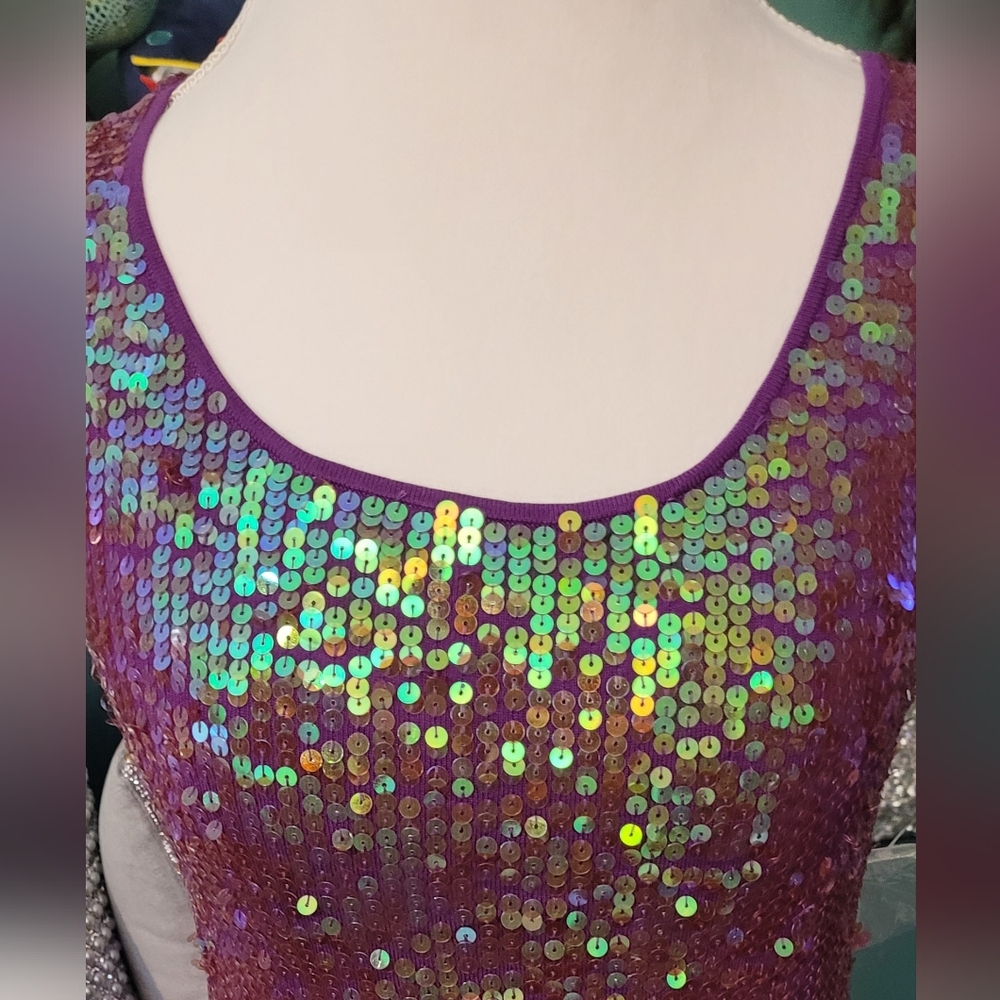 Iridescent Purple Sequinned Silk Blend Stretchy Shell Or Tank Top, Size M
